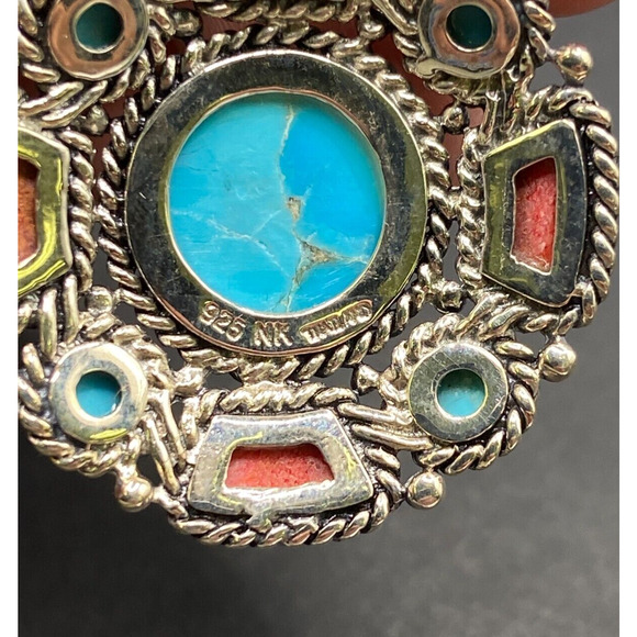 Turquoise Coral Round Charm Pendant Filigree Sterling Silver Crystal NK Thailand - Picture 8 of 8